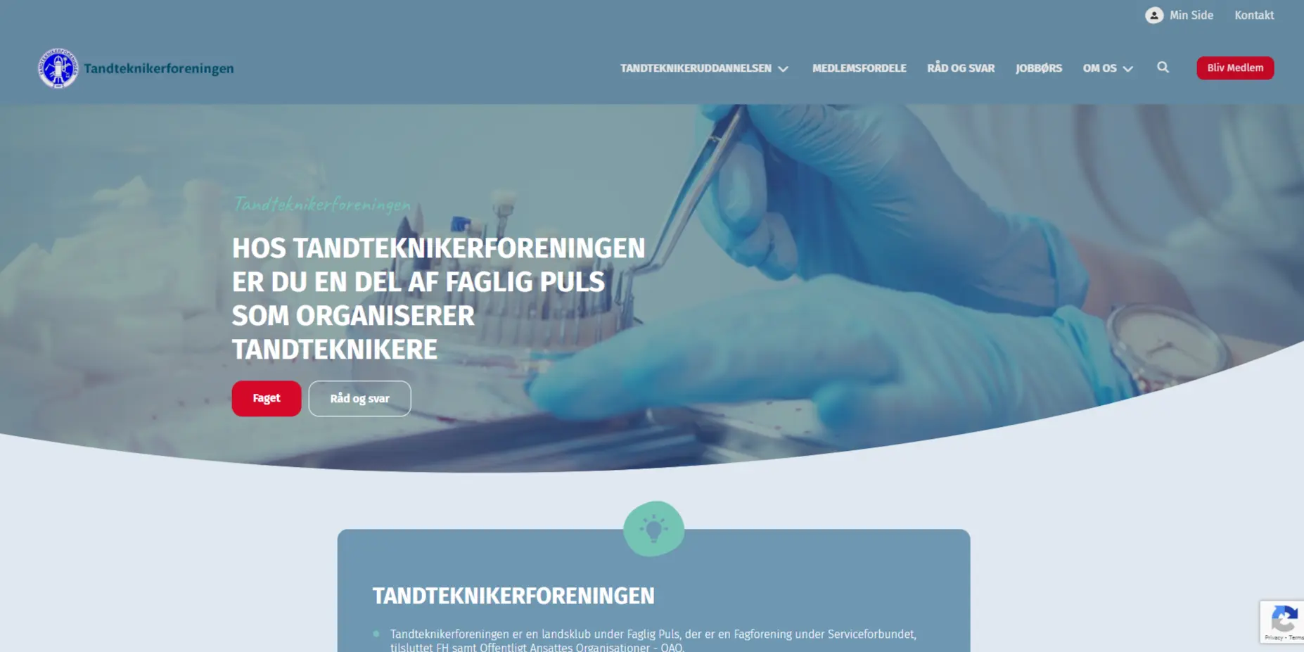 This shows the landing page of Tandteknikerforeningen
